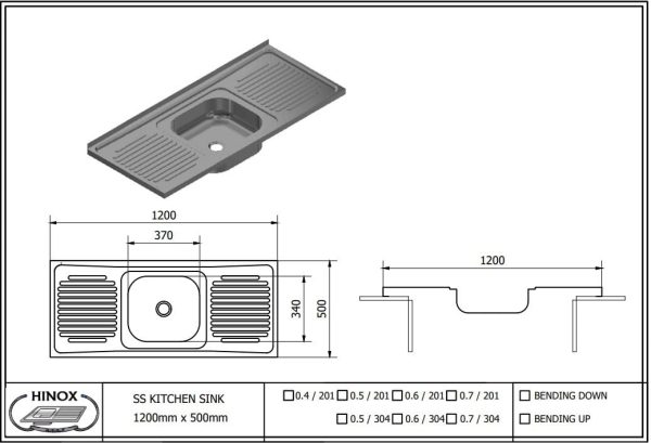 Kitchen Sink Layon 120 x 50 cm - Stainless Steel with Double Drainer (Grade 201/304)