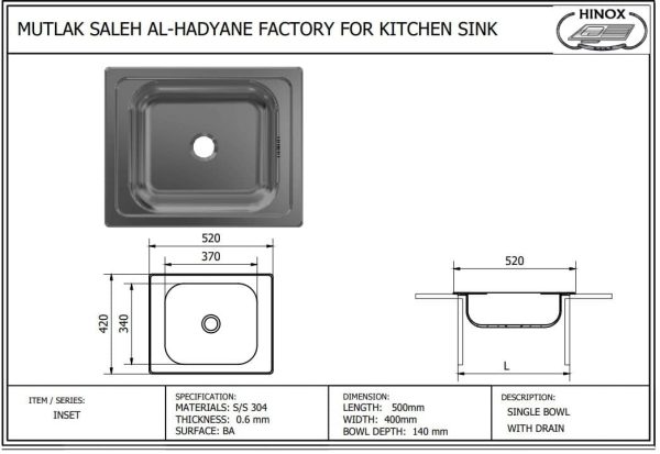 Kitchen Sink INSET 50 x 40