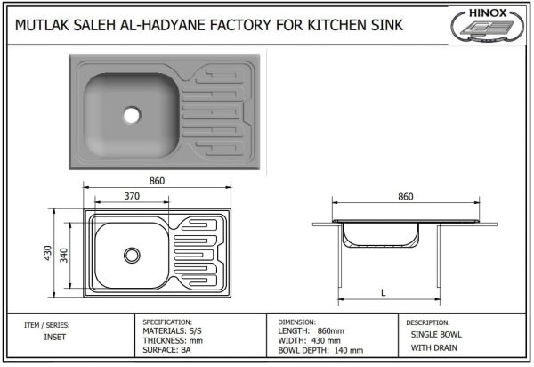 Kitchen Sink INSET 86 x 43