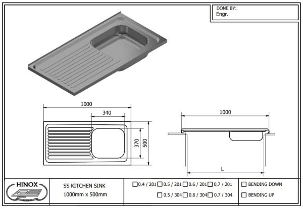 Kitchen Sink  100 x 50 cm - Stainless Steel (Grade 201/304), 0.4mm - 0.7mm Thickness